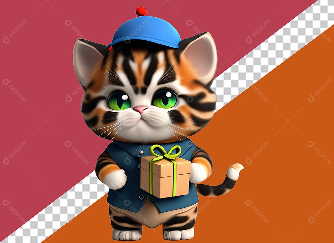 Gatinha Segurando Caixa de Presente Personagem 3D Para Composição PSD