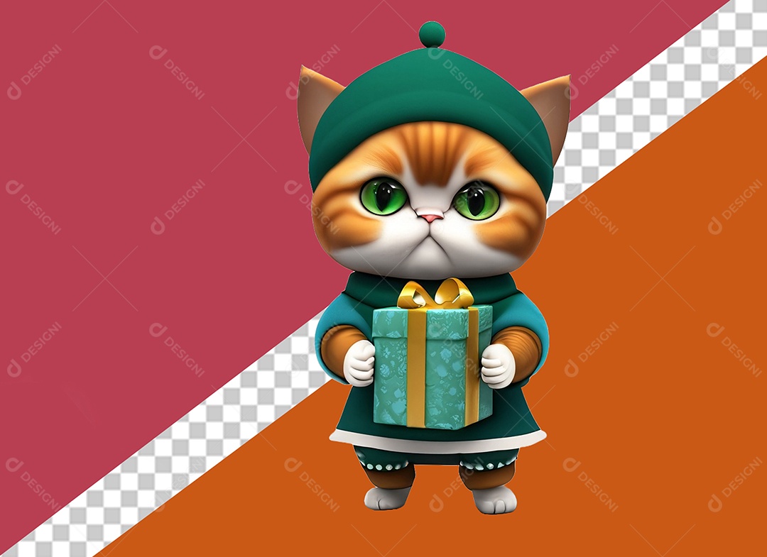 Gatinha Segurando Caixa de Presente Personagem 3D Para Composição PSD