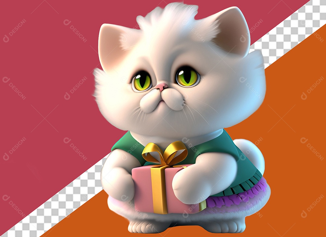 Gatinha Segurando Caixa de Presente Personagem 3D Para Composição PSD