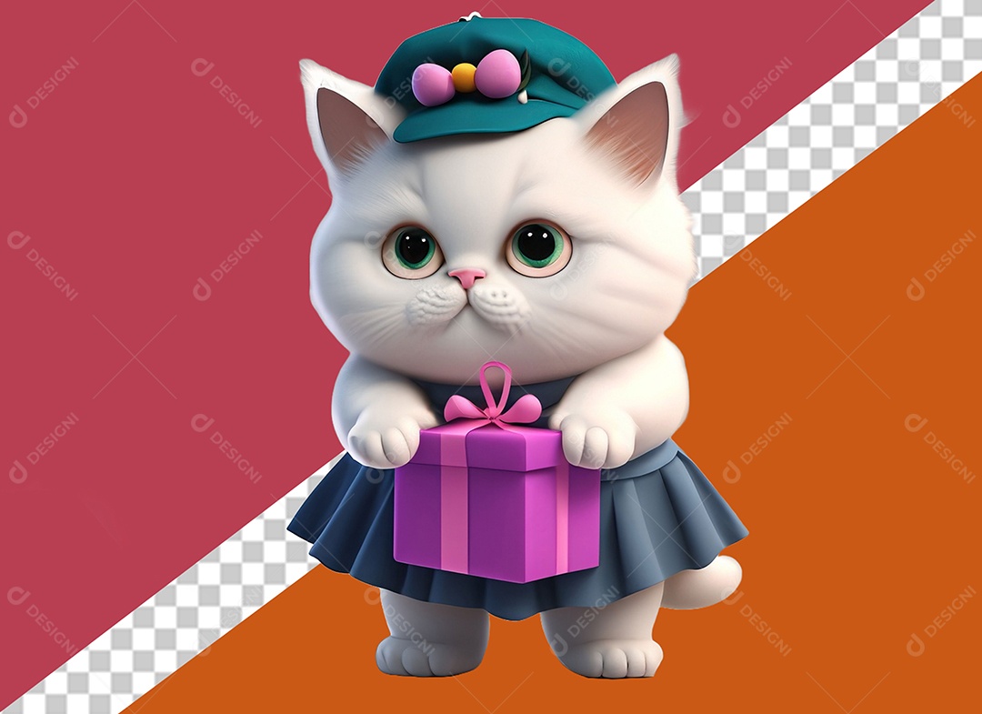 Gatinha Segurando Caixa de Presente Personagem 3DPara Composição PSD