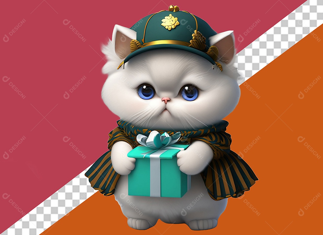 Gatinha Segurando Caixa de Presente Personagem 3DPara Composição PSD