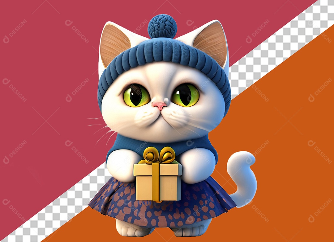 Gatinha Segurando Caixa de Presente Personagem 3DPara Composição PSD