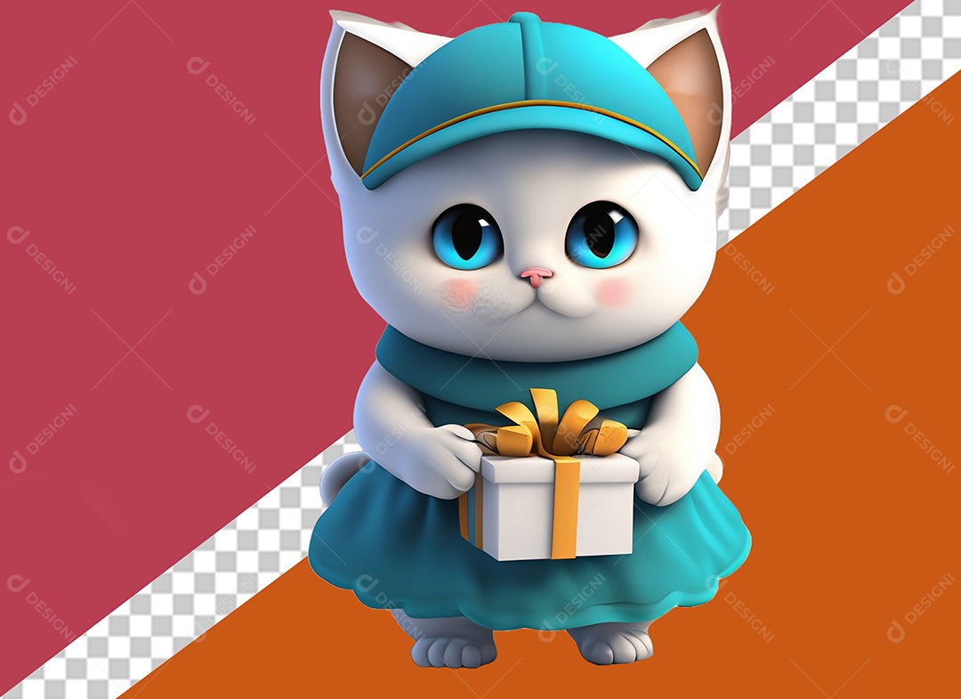 Gatinha Segurando Caixa de Presente Personagem 3D Para Composição PSD