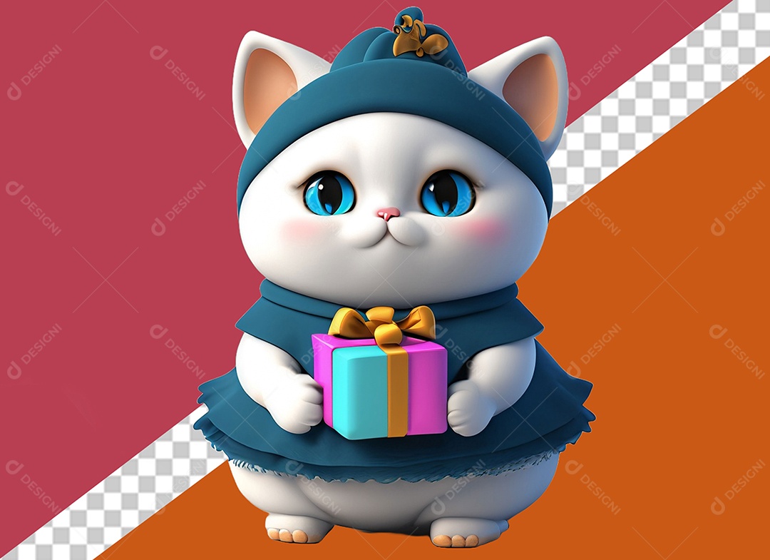 Gatinha Segurando Caixa de Presente Personagem 3D Para Composição PSD