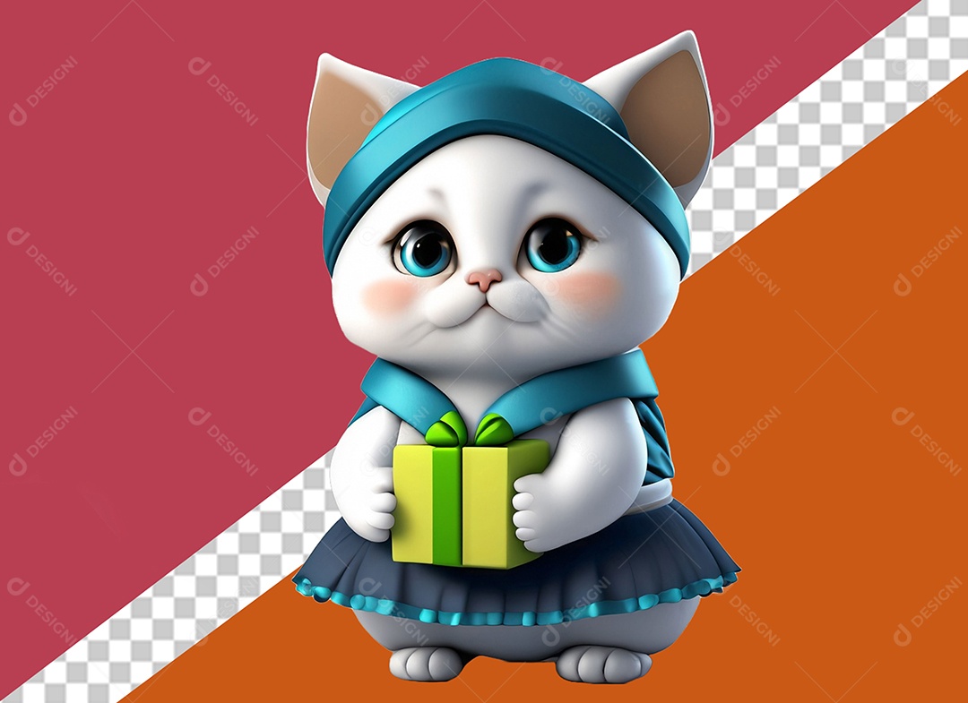 Gatinha Segurando Caixa de Presente Personagem 3D Para Composição PSD