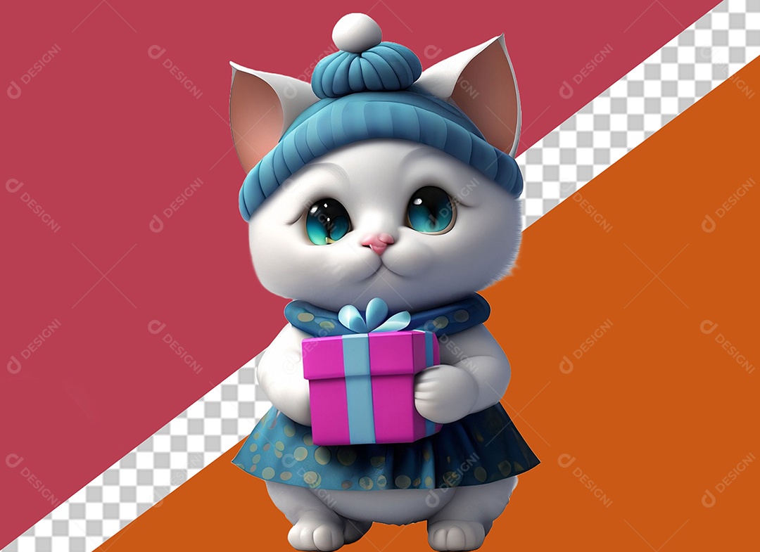 Gatinha Segurando Caixa de Presente Personagem 3D Para Composição PSD