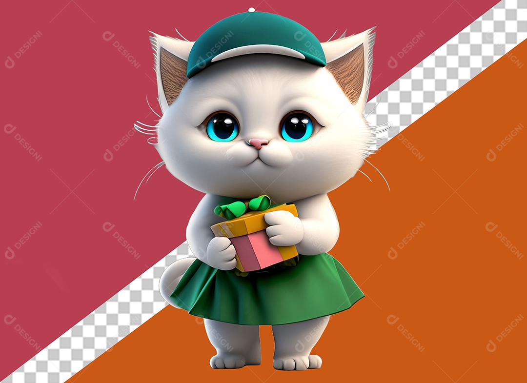 Gatinha Segurando Caixa de Presente Personagem 3D Para Composição PSD