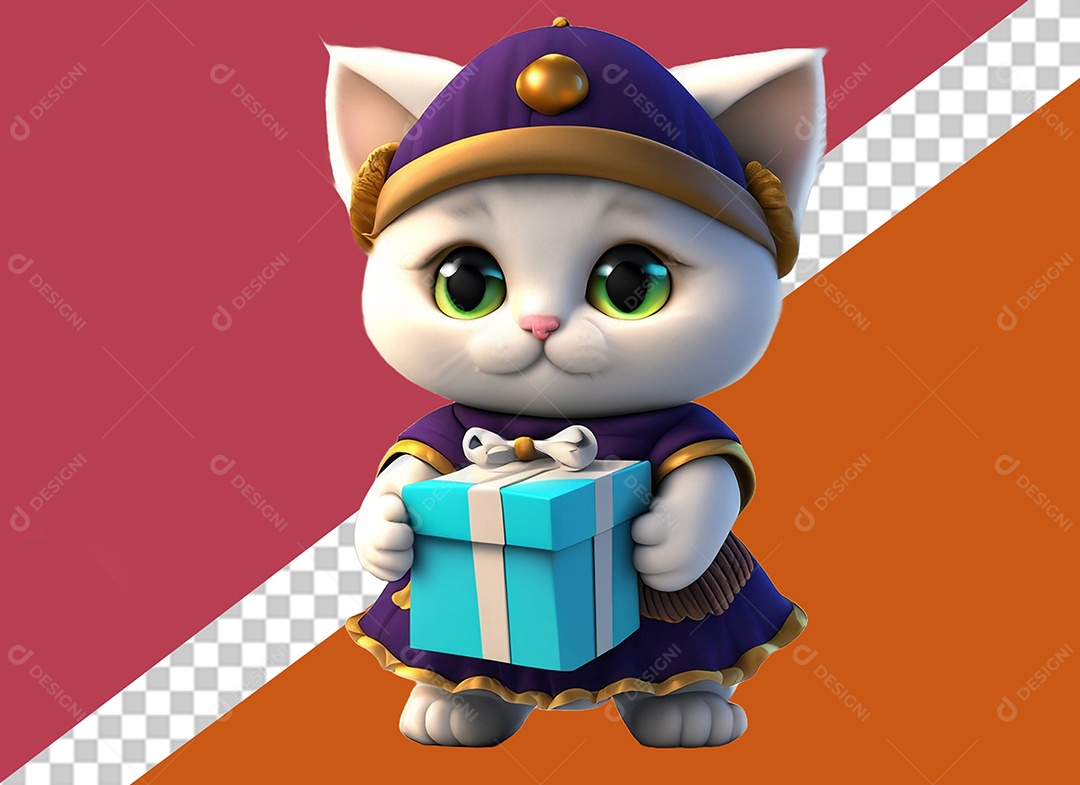 Gatinha Segurando Caixa de Presente Personagem 3D Para Composição PSD