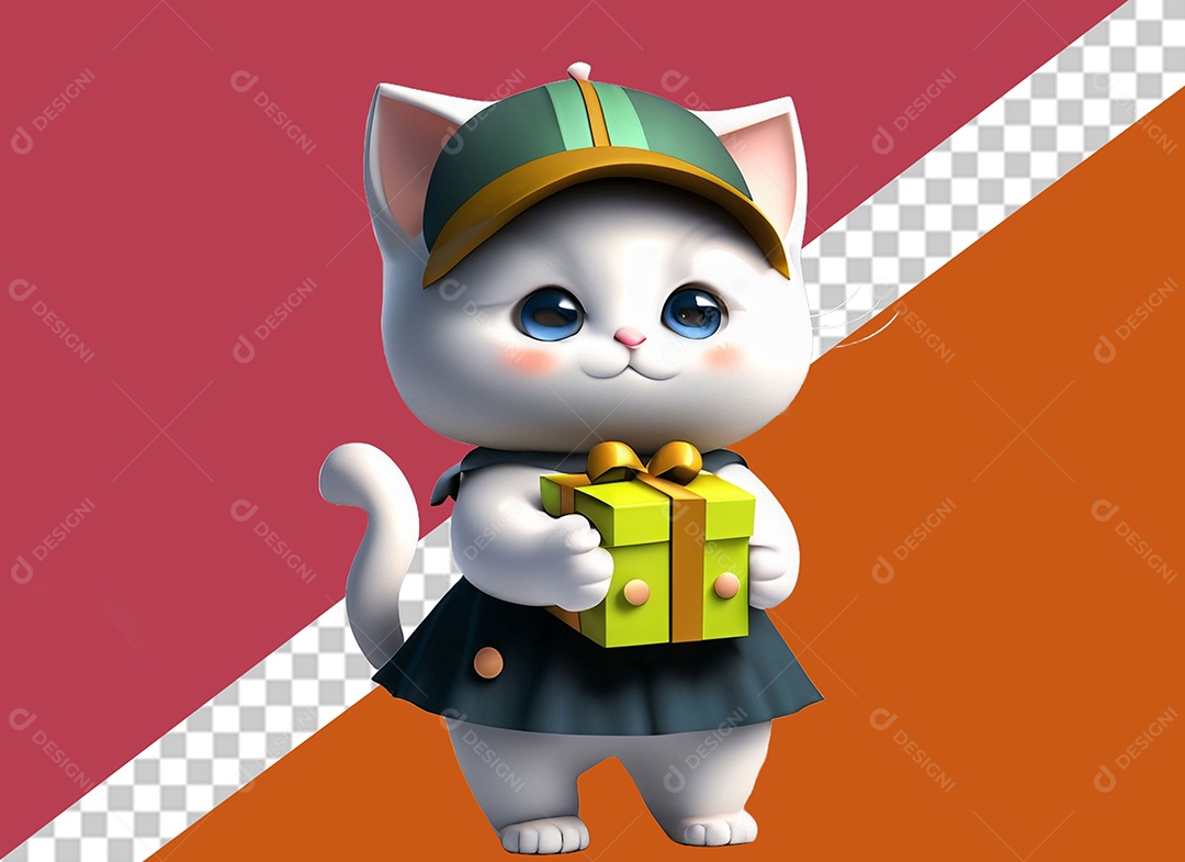 Gatinha Segurando Caixa de Presente Personagem 3D Para Composição PSD