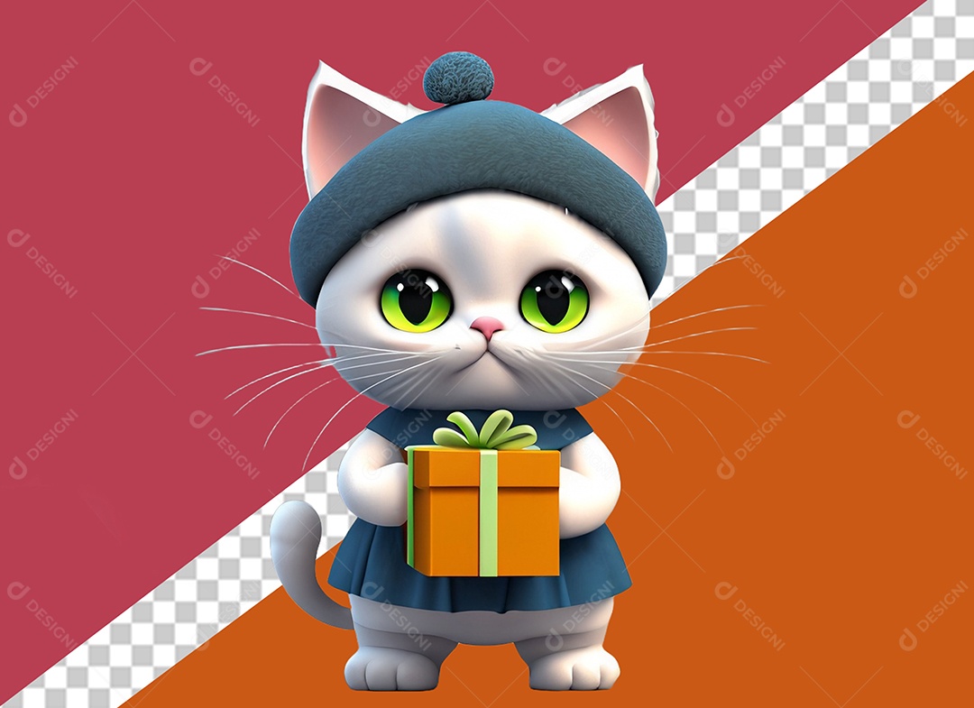 Gatinha Segurando Caixa de Presente Personagem 3D Para Composição PSD