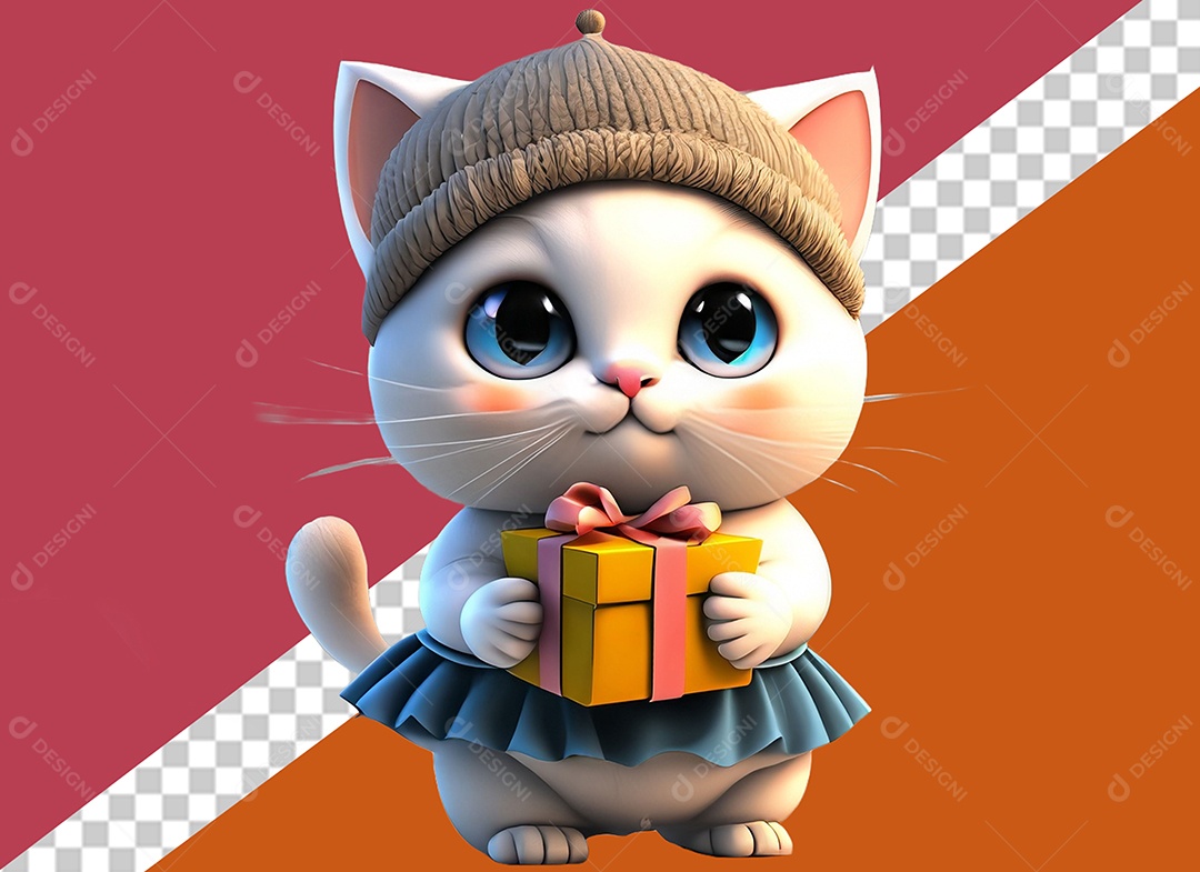 Gatinha Segurando Caixa de Presente Personagem 3D Para Composição PSD