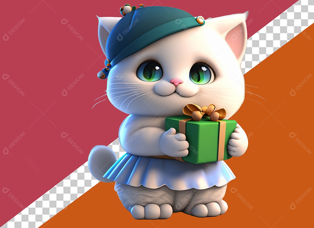 Gatinha Segurando Caixa de Presente Personagem 3D Para Composição PSD