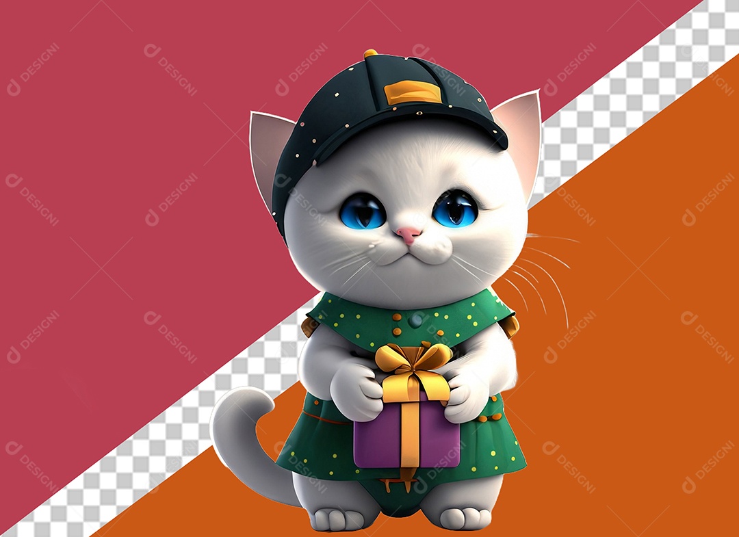 Gatinha Segurando Caixa de Presente Personagem 3D Para Composição PSD