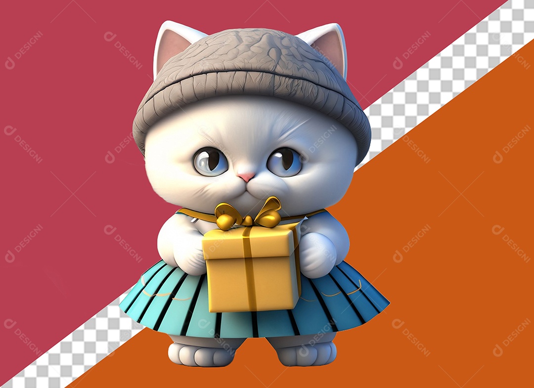 Gatinha Segurando Caixa de Presente Personagem 3D Para Composição PSD