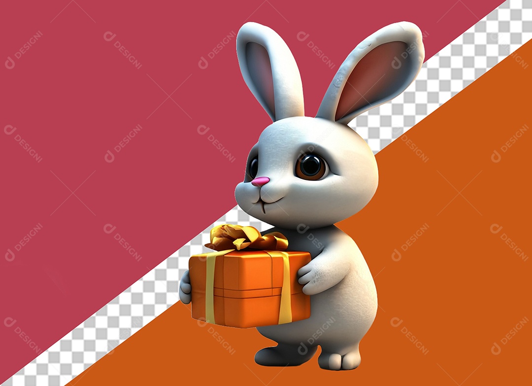 Coelho Segurando Caixa de Presente Personagem 3D para Composição PSD