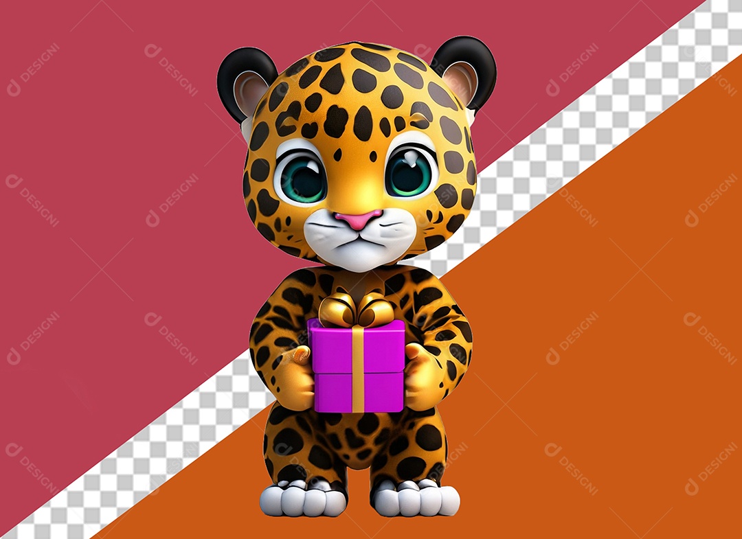 Onça Segurando Caixa de Presente Personagem 3D para Composição PSD