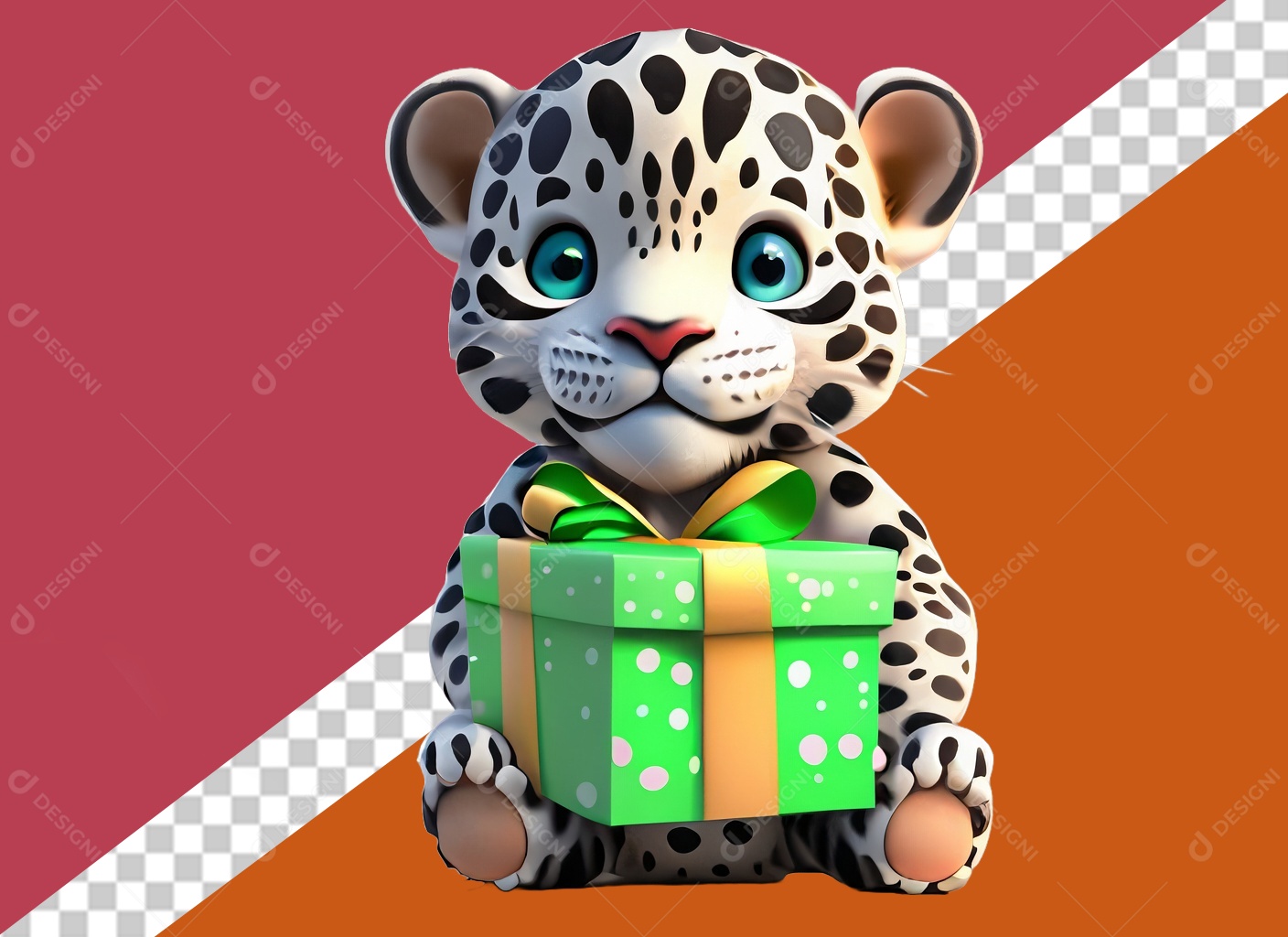 Onça Segurando Caixa de Presente Personagem 3D para Composição PSD