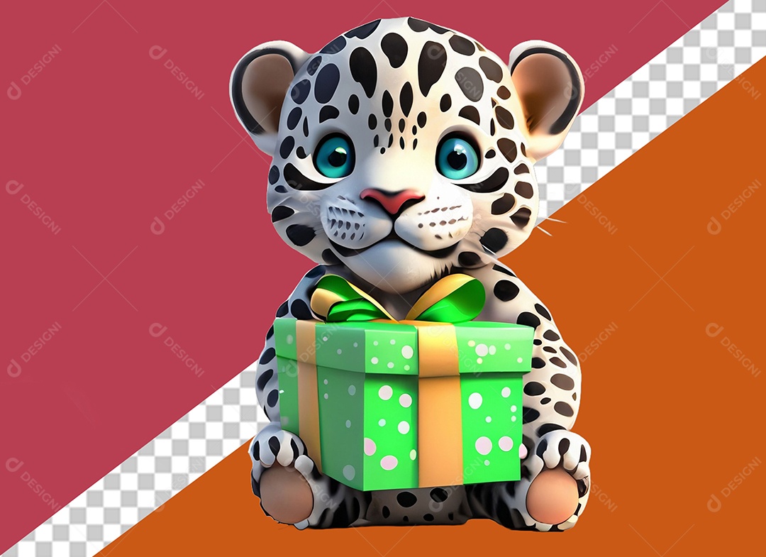 Onça Segurando Caixa de Presente Personagem 3D para Composição PSD