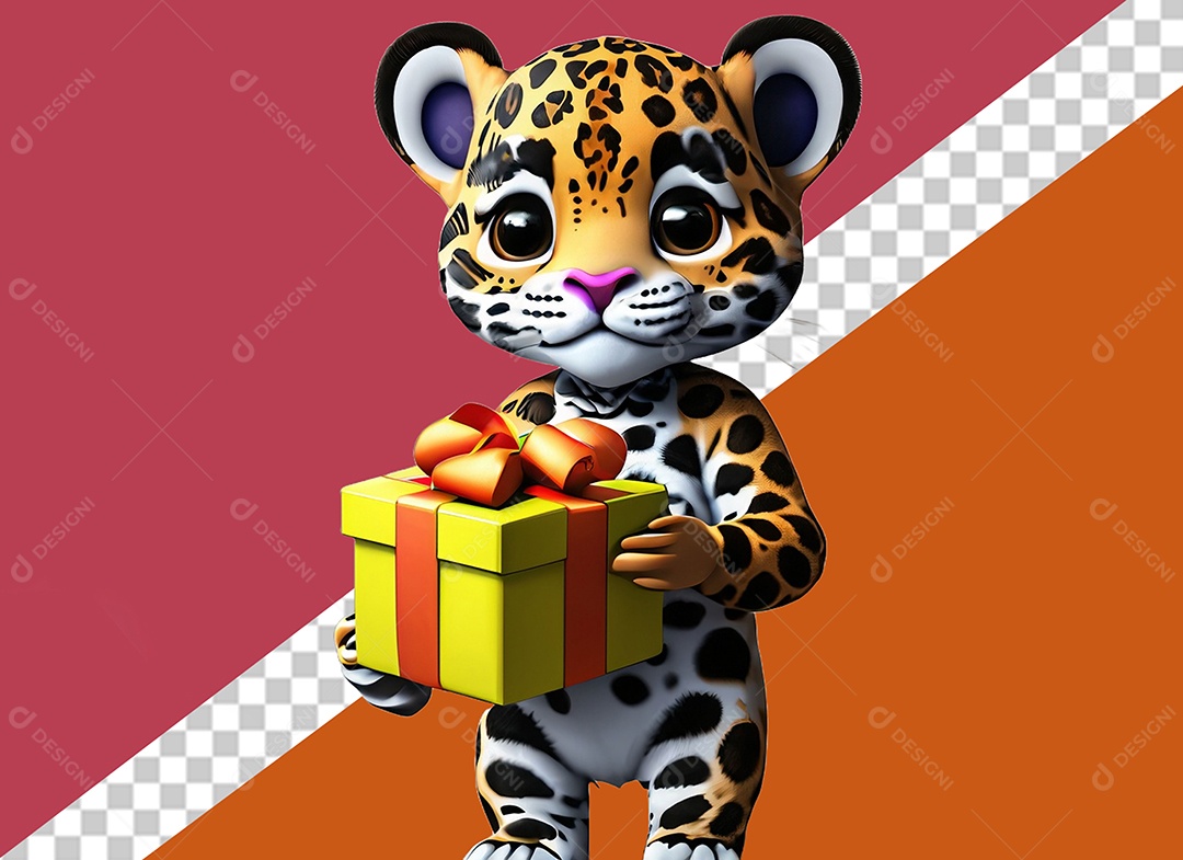 Onça Segurando Caixa de Presente Personagem 3D para Composição PSD
