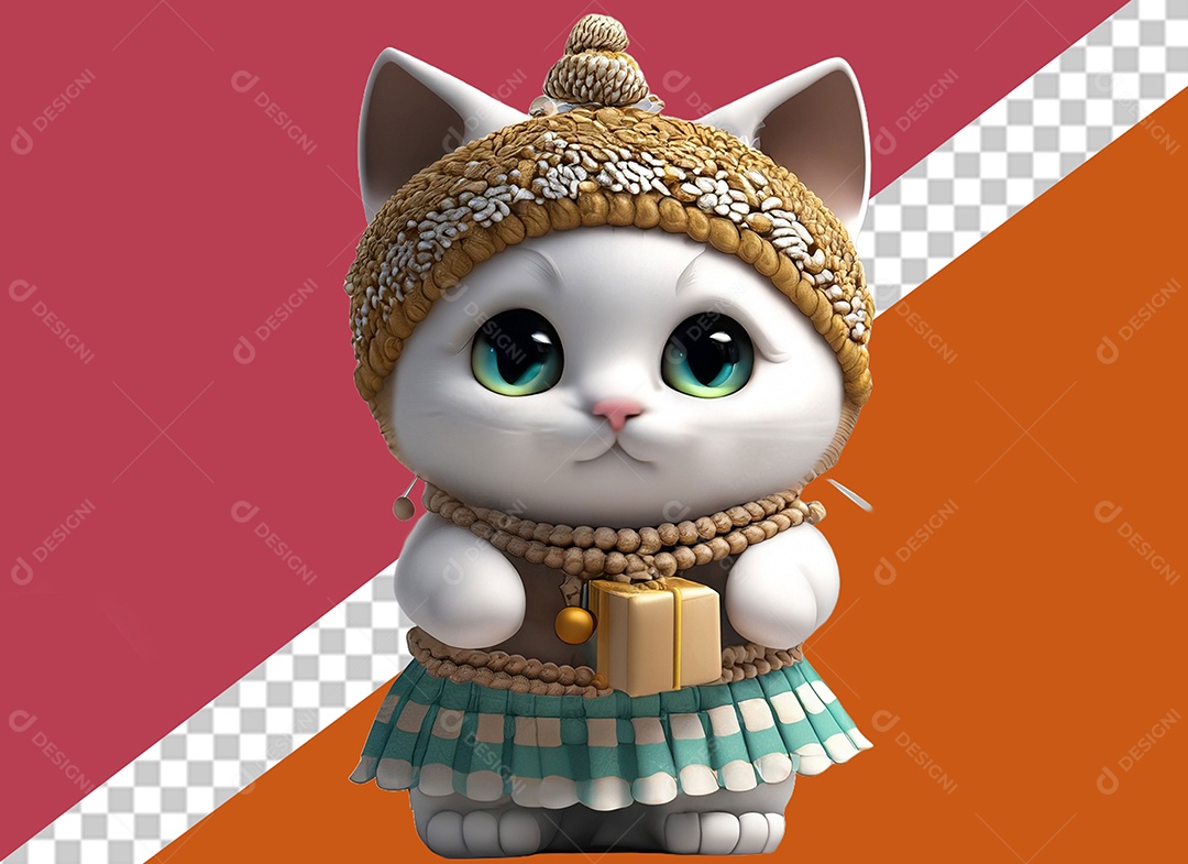 Gatinha Segurando Caixa de Presente Personagem 3D Para Composição PSD