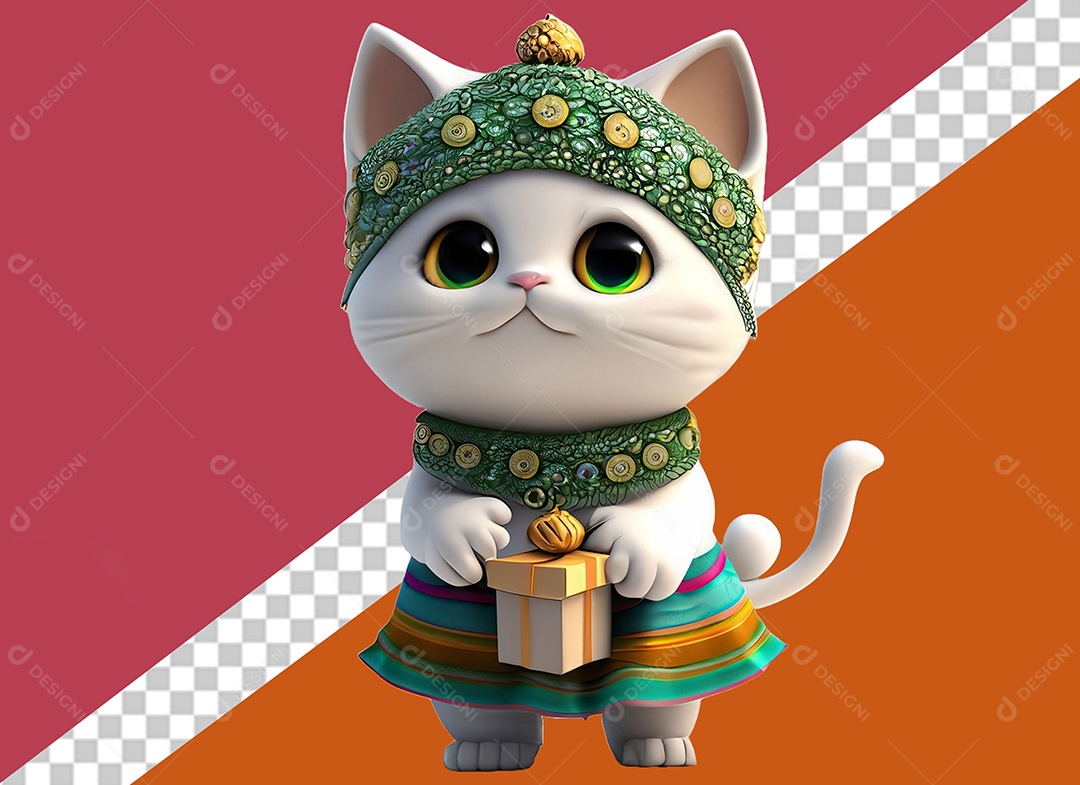 Gatinha Segurando Caixa de Presente Personagem 3DPara Composição PSD