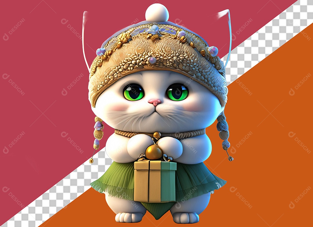 Gatinha Segurando Caixa de Presente Personagem 3D Para Composição PSD