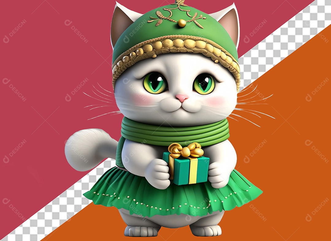 Gatinha Segurando Caixa de Presente Personagem 3D Para Composição PSD