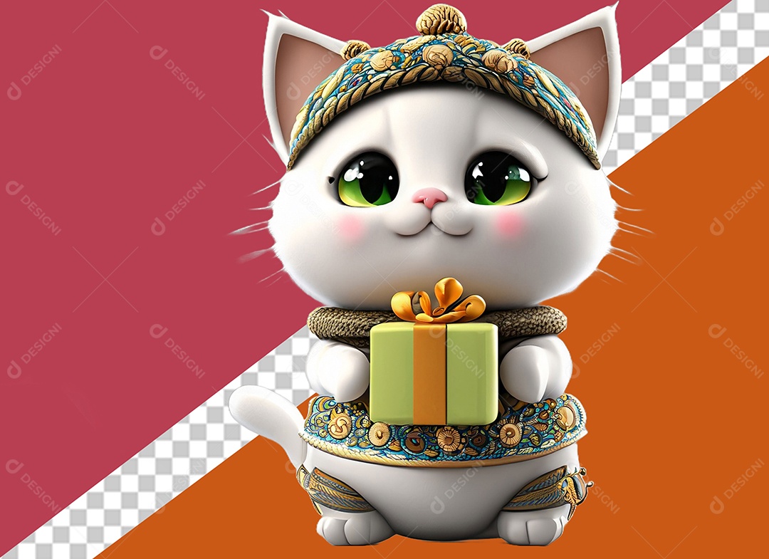 Gatinha Segurando Caixa de Presente Personagem 3D Para Composição PSD