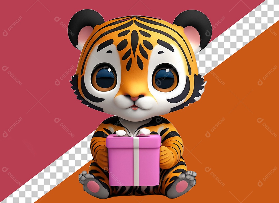 Tigre Segurando Caixa de Presente Personagem 3D para Composição PSD