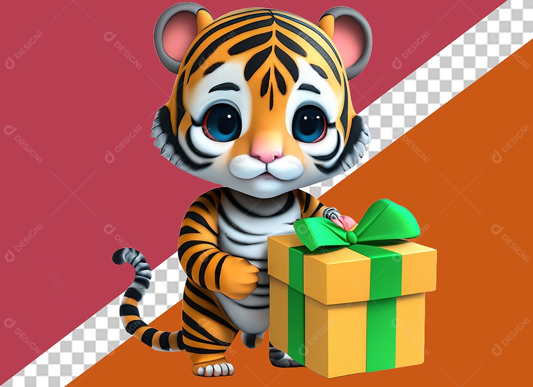 Tigre Segurando Caixa de Presente Personagem 3D para Composição PSD