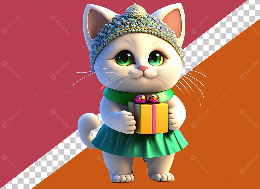Gatinha Segurando Caixa de Presente Personagem 3D Para Composição PSD
