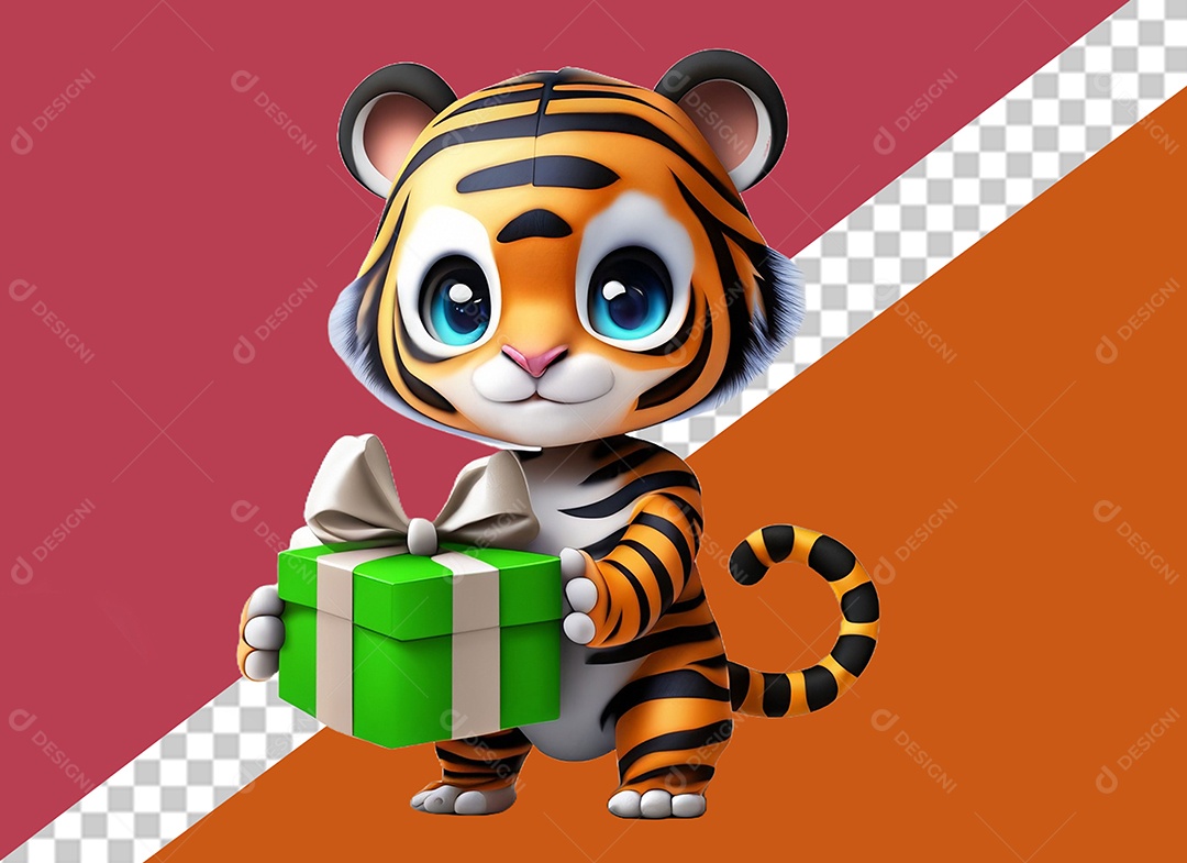 Tigre Segurando Caixa de Presente Personagem 3D para Composição PSD