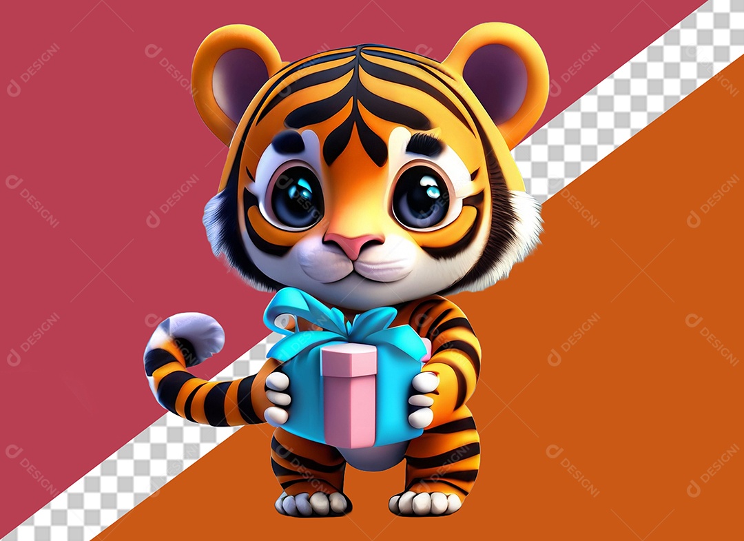 Tigre Segurando Caixa de Presente Personagem 3D para Composição PSD