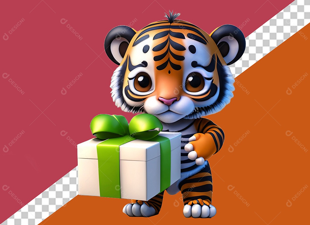 Tigre Segurando Caixa de Presente Personagem 3D para Composição PSD