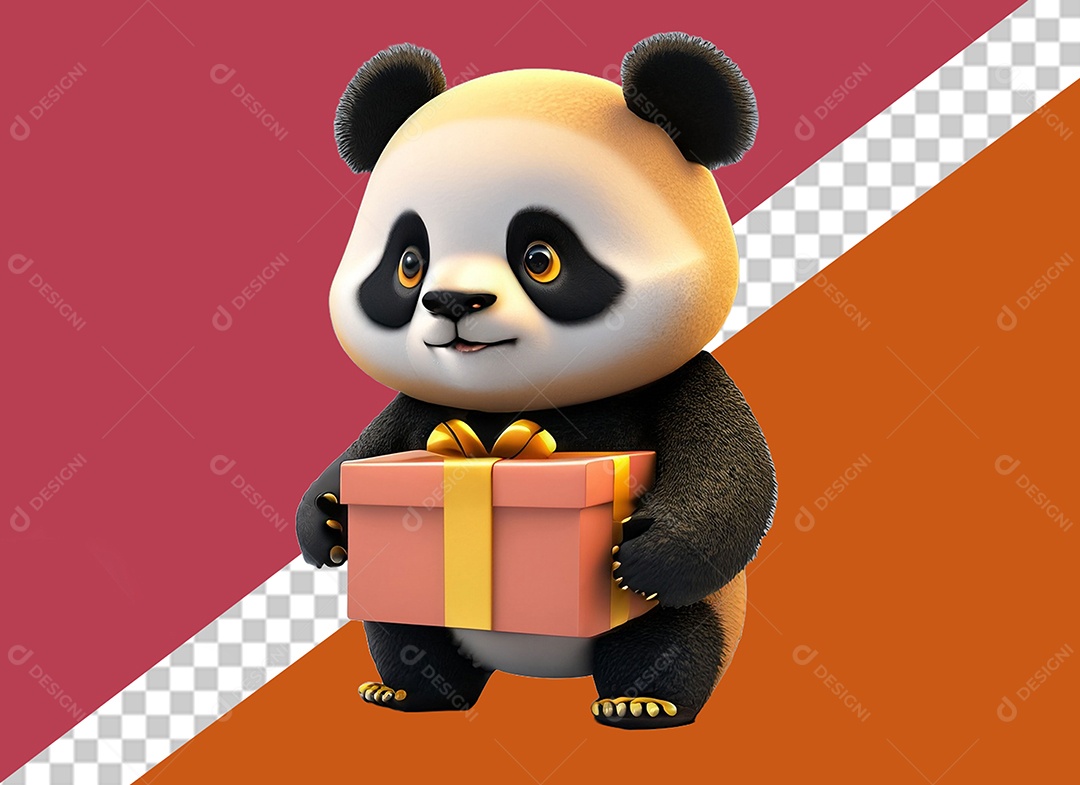 Panda Segurando Caixa de Presente Personagem 3D Para Composição PSD