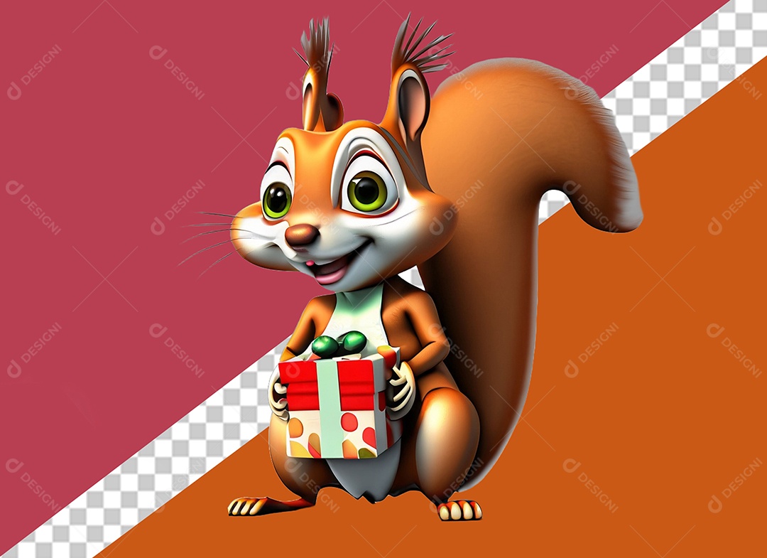 Esquilo Segurando Caixa de Presente Personagem 3D para Composição PSD