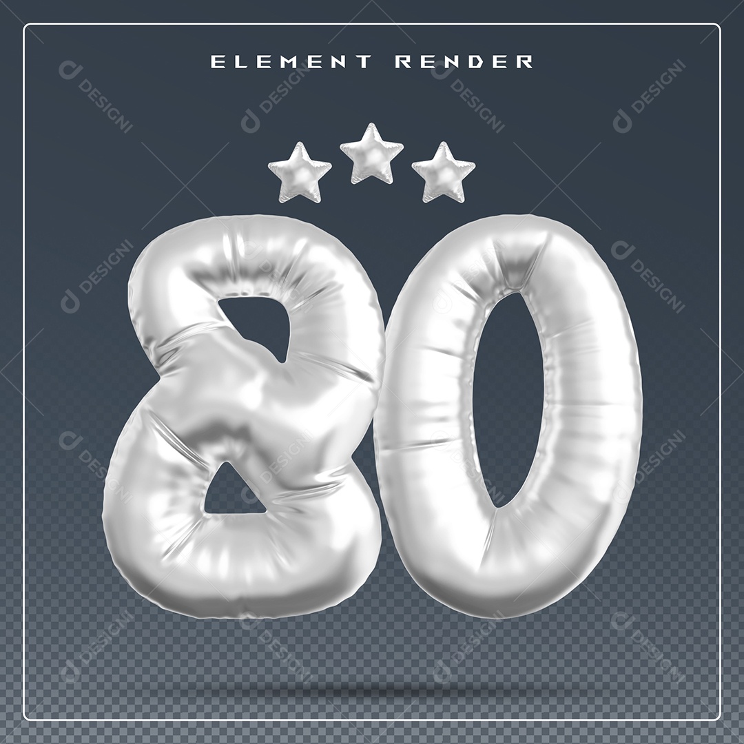 Elemento 3D Número 80 Cinza para Composição PSD