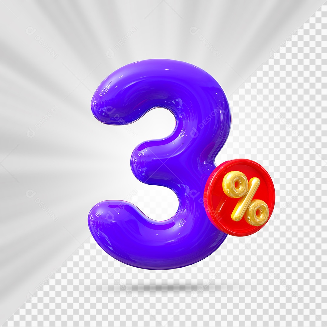 Elemento 3D Número 3% Roxo Para Composição PSD