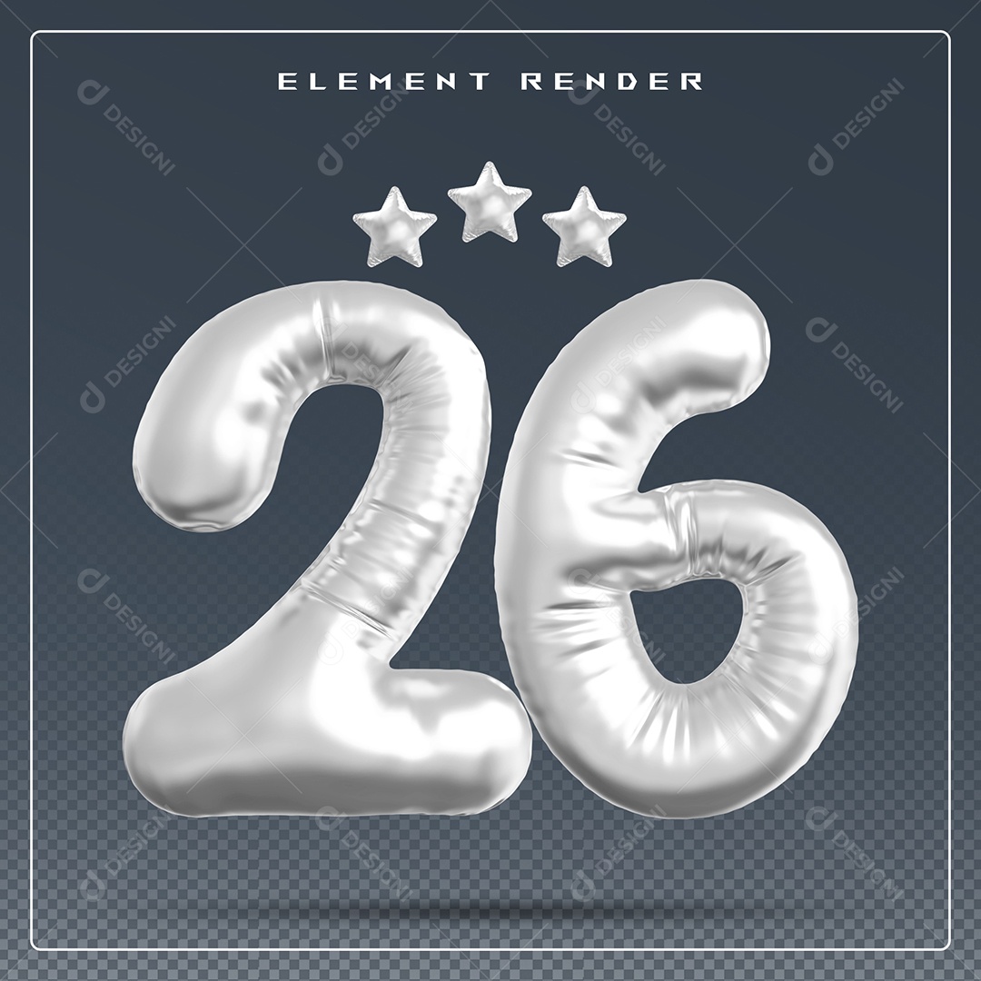 Elemento 3D Número 26 Cinza para Composição PSD