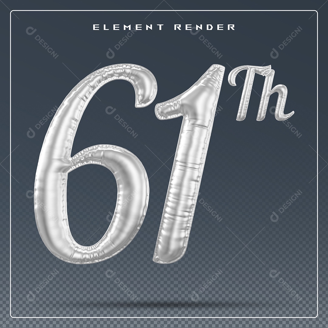 Elemento 3D Número 61 Th Cinza para Composição PSD