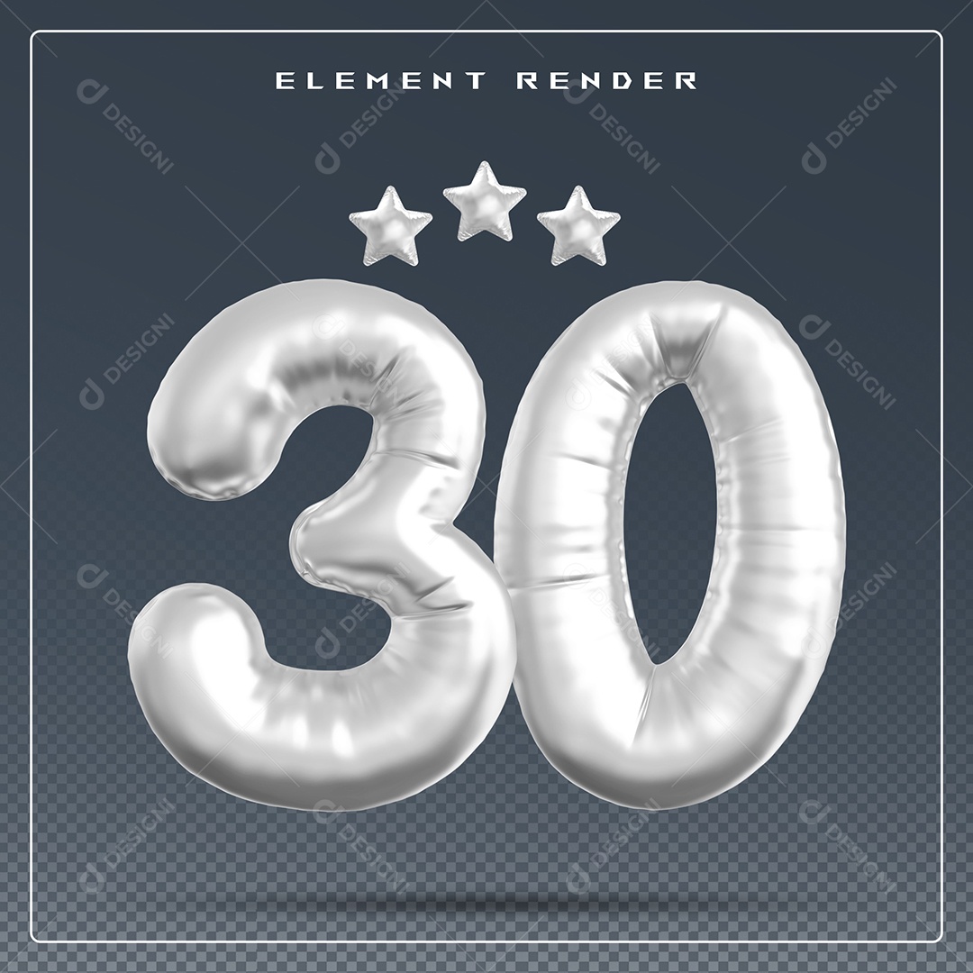 Elemento 3D Número 30 Cinza para Composição PSD