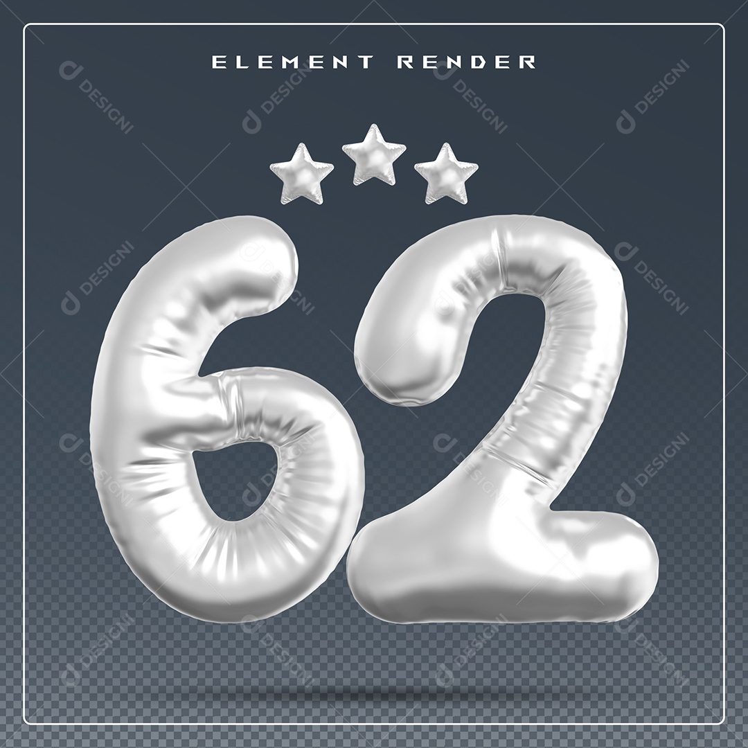 Elemento 3D Número 62 Cinza para Composição PSD