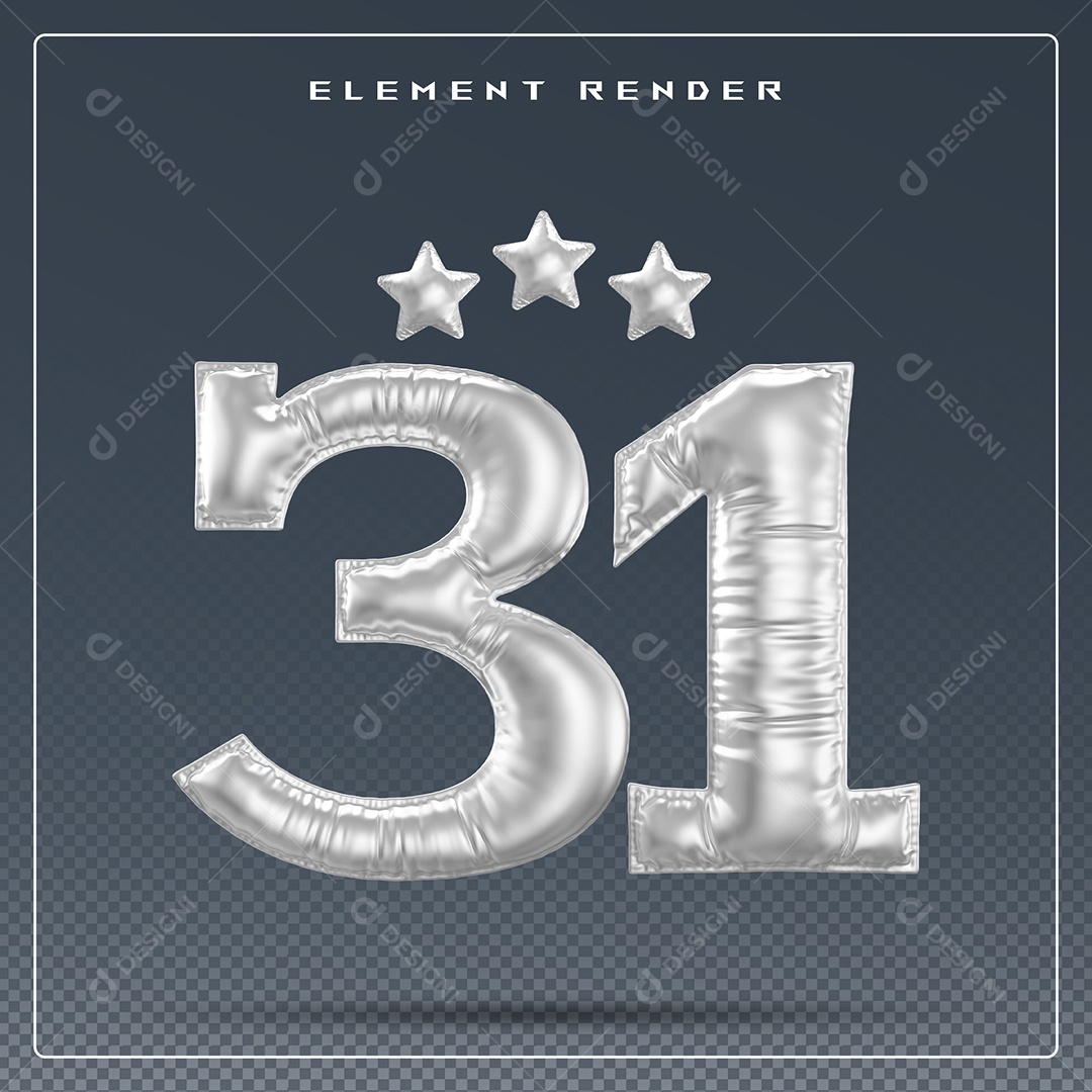 Elemento 3D Número 31 Cinza para Composição PSD