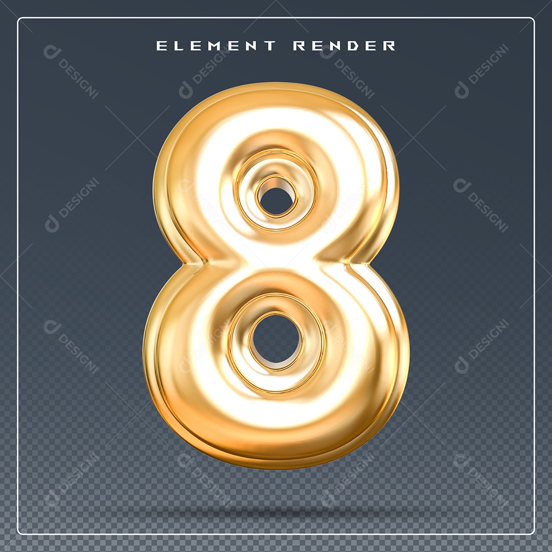 Elemento 3D Número 8 Dourado para Composição PSD