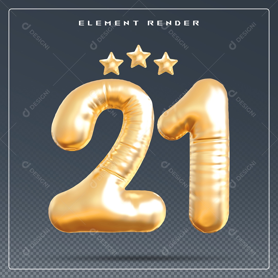Elemento 3D Número 21 Dourado para Composição PSD