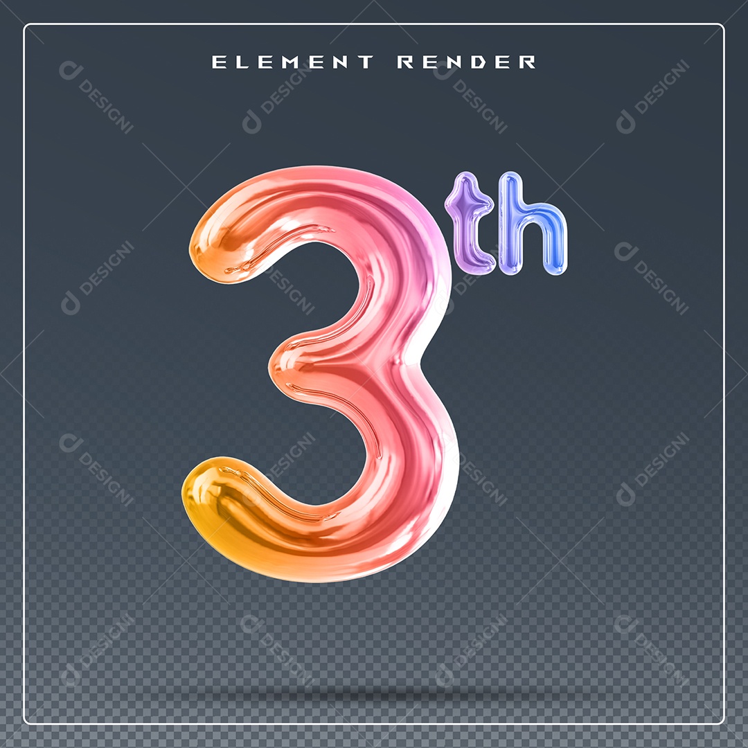 Elemento 3D Número 3 Th Colorido para Composição PSD