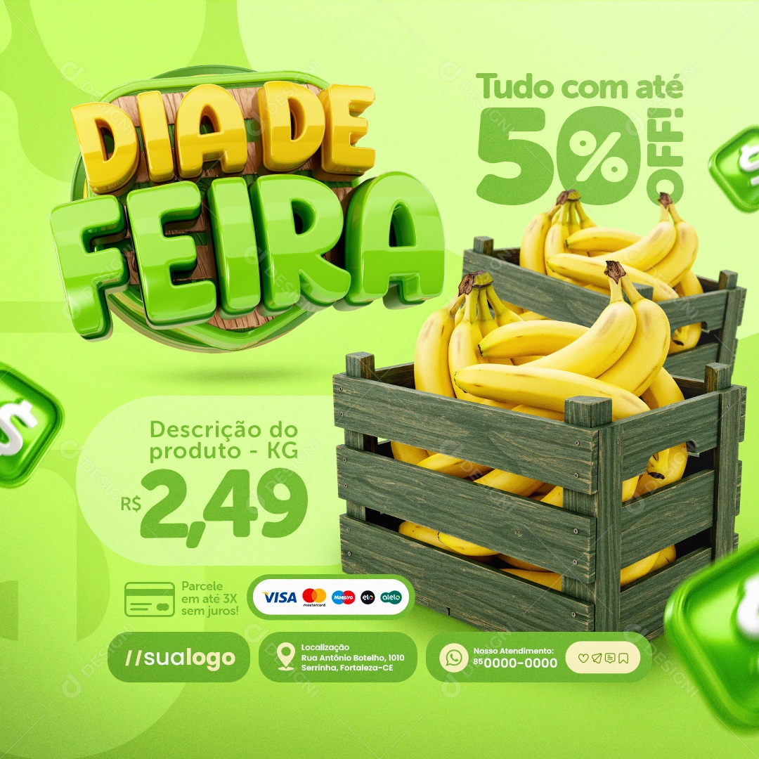 Dia de Feira Banana Tudo com Até 50% Off Social Media PSD Editável