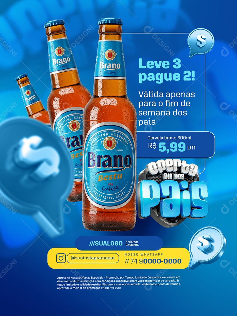 Oferta Dia dos Pais Cervejaria Leve Três Pague Dois Social Media PSD Editável
