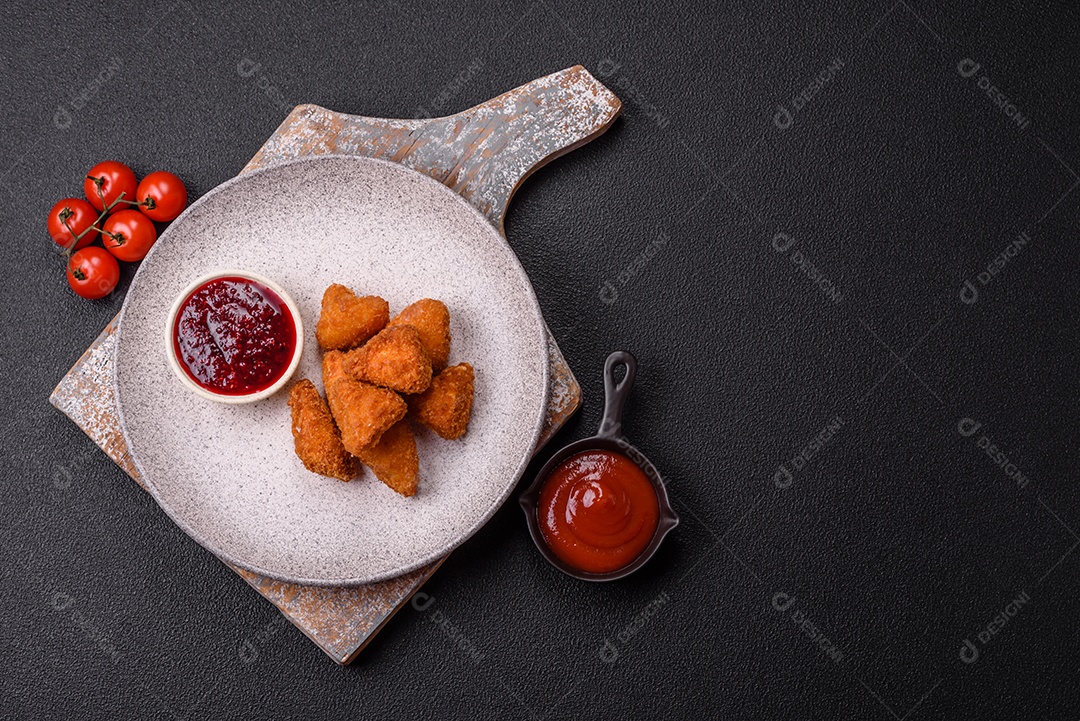 Imagem mostra nuggets de frango com molho e alguns grãos de pimenta rosa