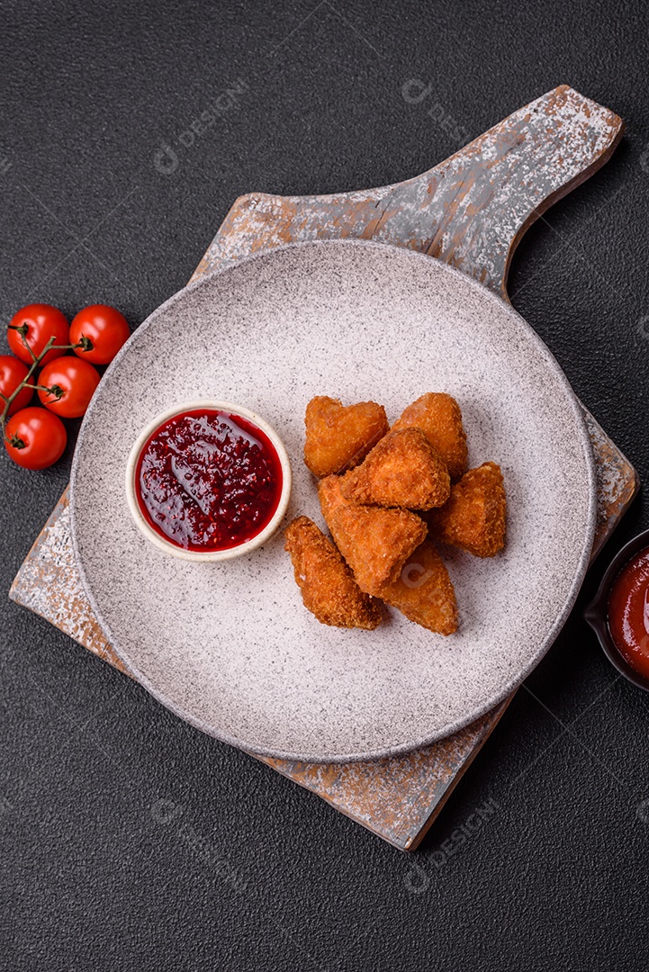 Imagem mostra nuggets de frango com molho e alguns grãos de pimenta rosa